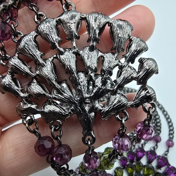 Whimsigoth‎ Statement Necklace Gunmetal Rhinestones Peacock Fashion Jewelry - Picture 9 of 12